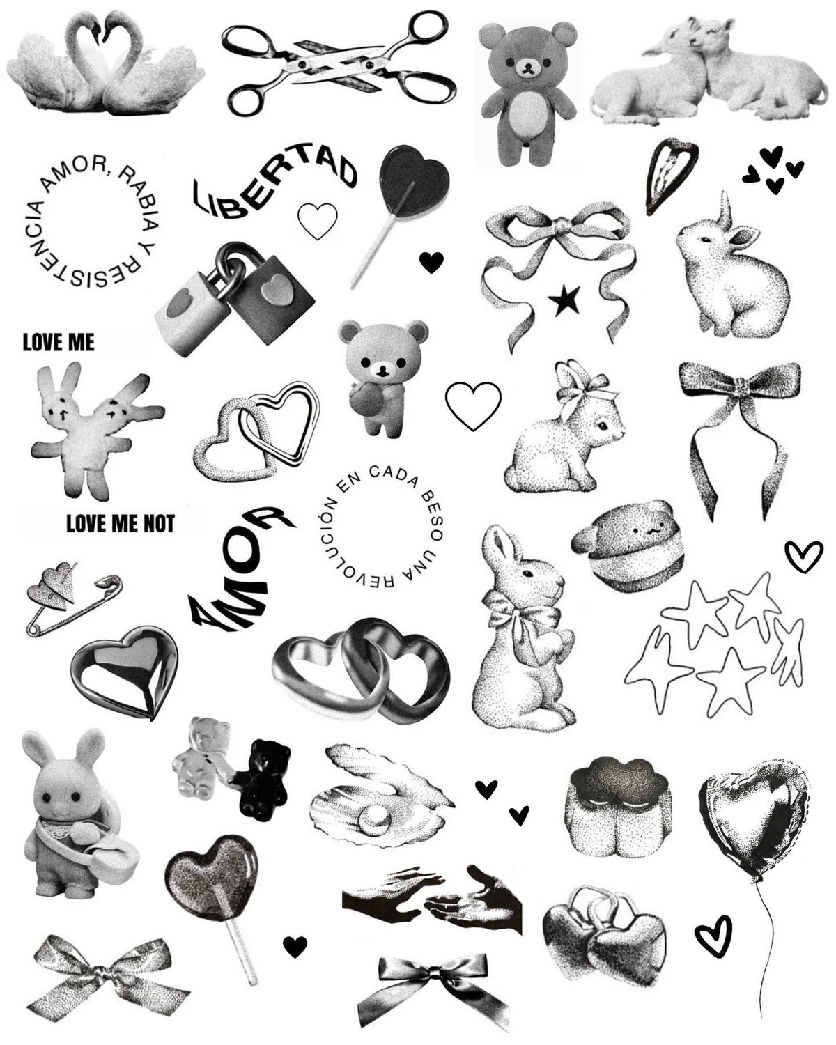 Planilla de corazones, parejas de animales y objetos