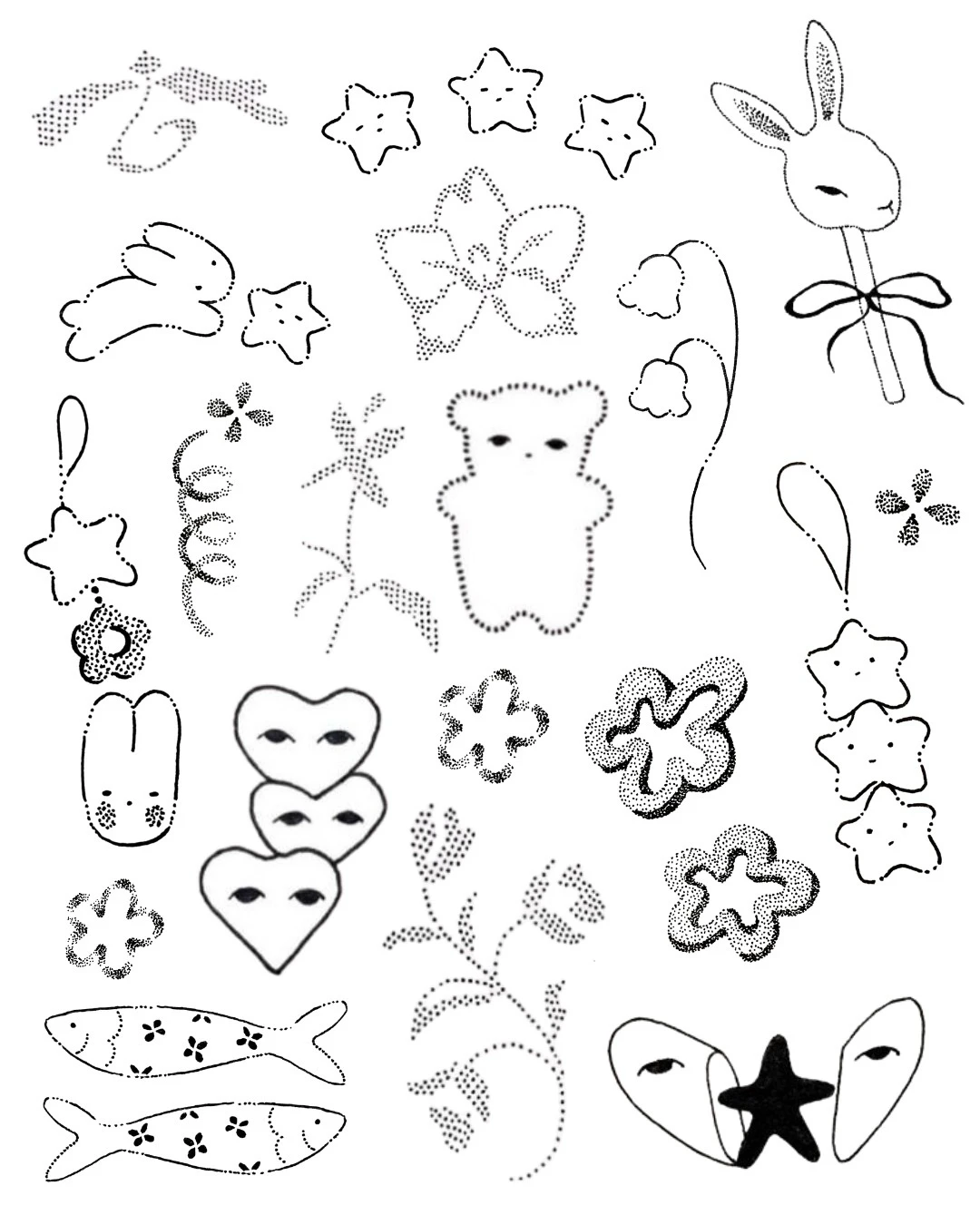 Planilla de conejos, estrellas y flores punteadas