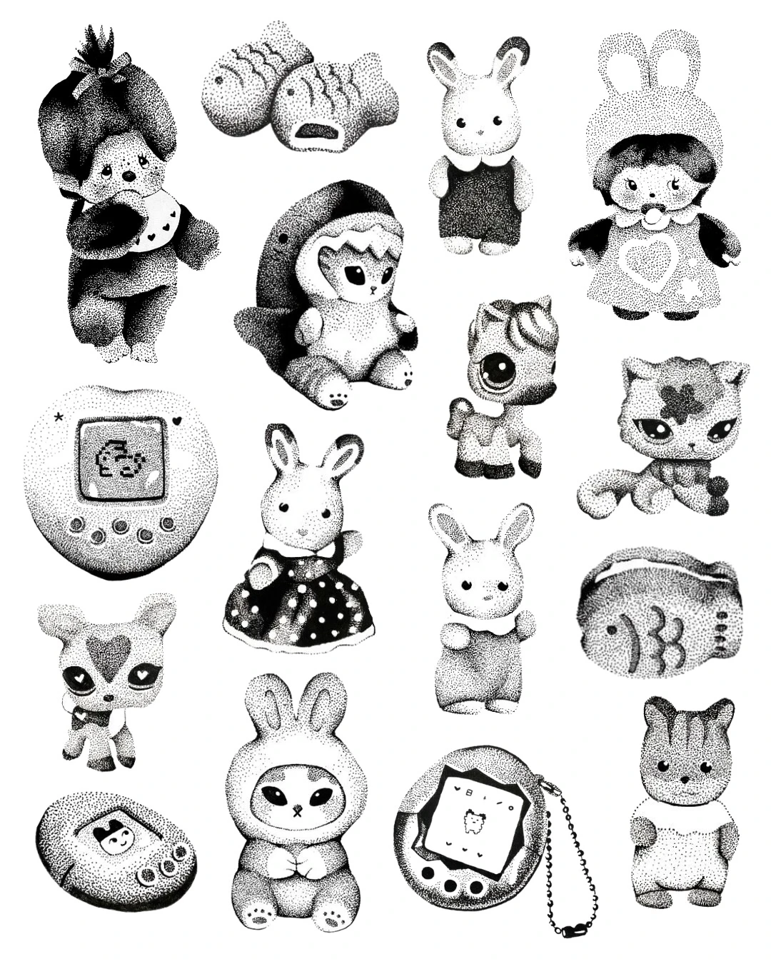 Planilla de muñecos, conejitos y Tamagotchis