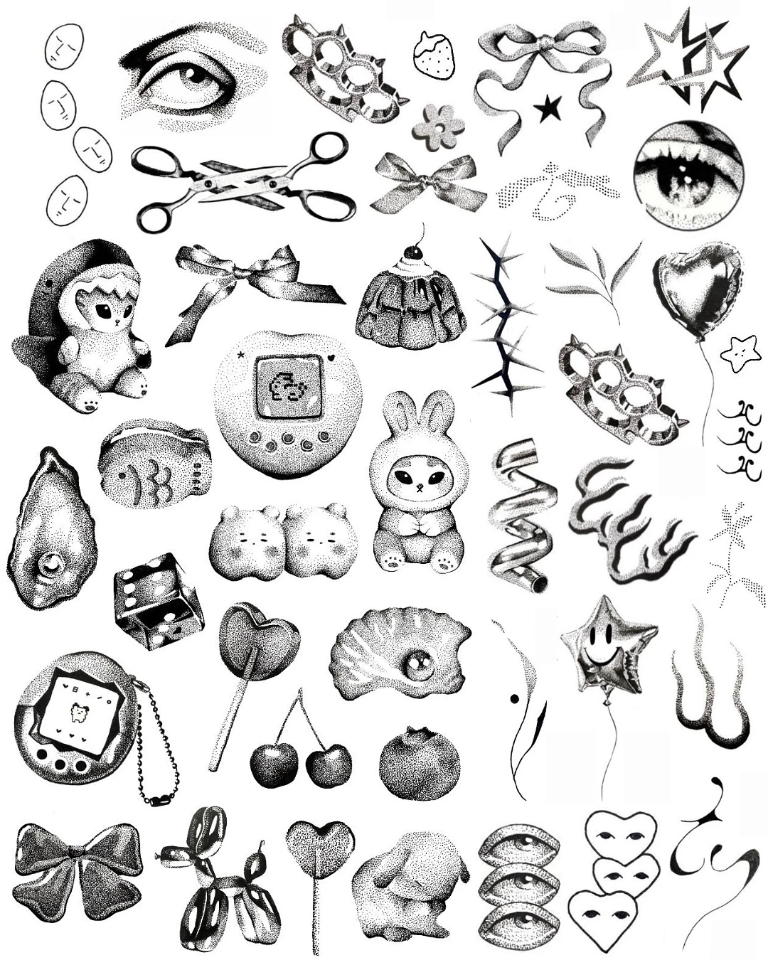 Planilla de ojos, lazos, juguetes y objetos